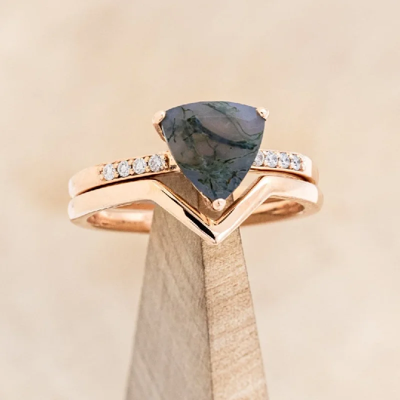 Men's Citrine Engagement Rings in Stainless Steel with a Stackable Band Design"PIPER" - TRILLION CUT MOSS AGATE ENGAGEMENT RING WITH DIAMOND ACCENTS & TRACER