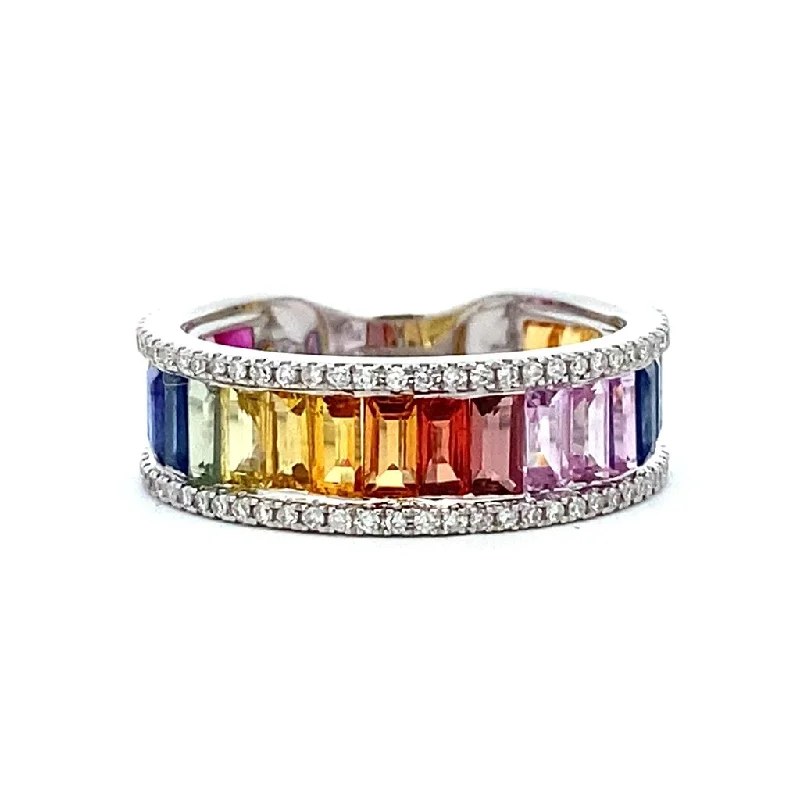 Open - Band Fashion Rings in Sterling Silver with Gemstone Inlays14K White Gold Rainbow Sapphire And Diamond Channel Set Band Ring