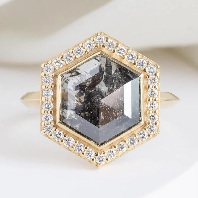 Men's Black Onyx Engagement Rings Set in Titanium for a Modern and Bold LookThe Dahlia Luxe | 2.68ct Salt and Pepper Hexagon Diamond in 18K Yellow Gold