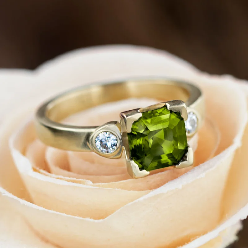 Men's Peridot Engagement Rings in 14K Gold - Filled Metal with a Micro - Pave SettingPeridot Engagement Ring With Moissanite Accents