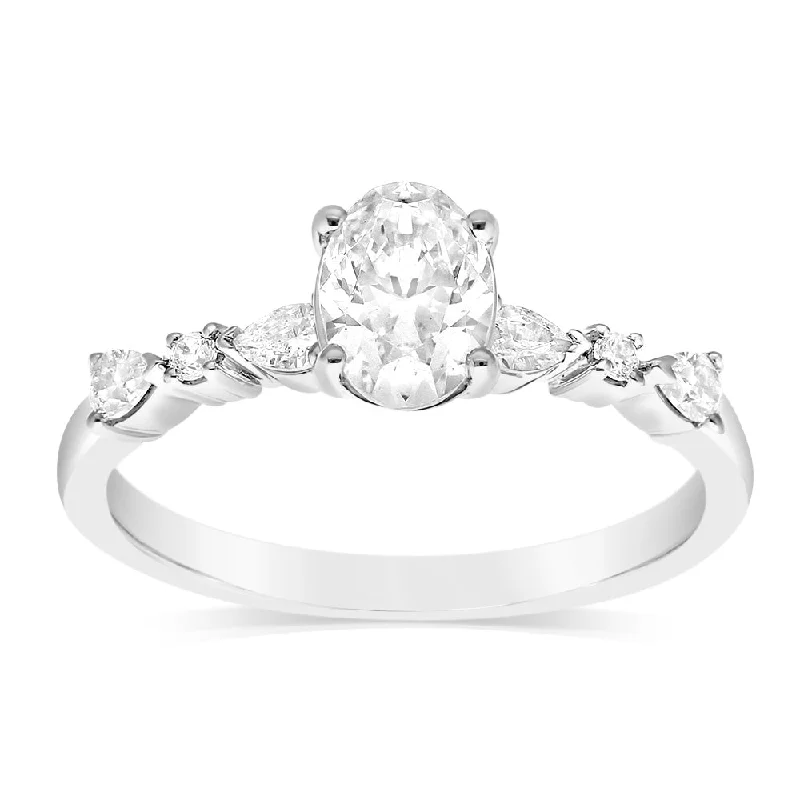 Channel - Set Women's Diamond Rings with Diamonds Securely Held in a Metal Groove for DurabilityLuminesce Lab Grown 14ct White Gold 1 Carat Diamond Solitaire Fancy Ring with 0.70 Carat Central Oval Diamond