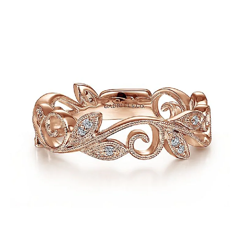 Stackable Fashion Rings in Rose - Gold Tone with Delicate Floral Engravings14K Rose Gold Scrolling Floral Diamond Ring