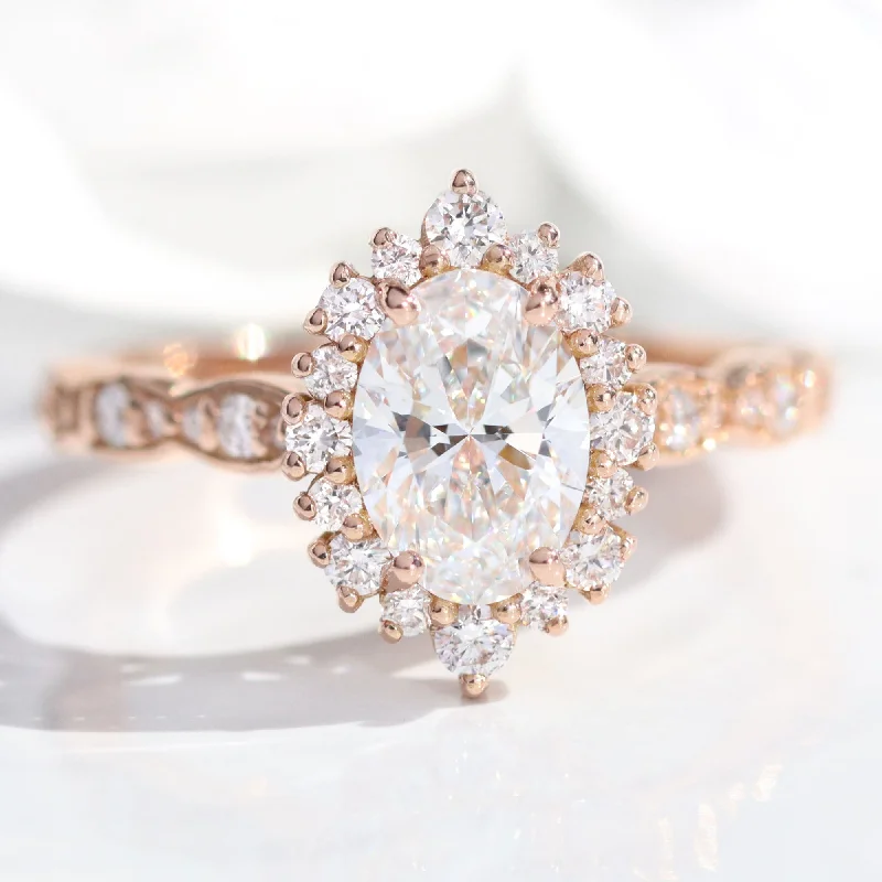 Marquise - Cut Women's Diamond Rings in Palladium for a Unique and Elongated ShapeOval Lab Diamond Scalloped Ring w/ Natural Diamonds in Tiara Halo Ring