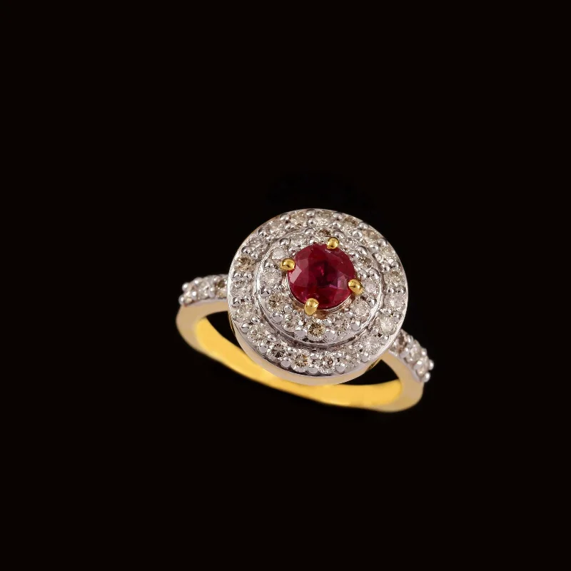 Vintage - Style Women's Diamond Rings with Floral - Engraved Bands and Multiple Diamond Accents14K YG Circle Diamond with Ruby Ring-1pc