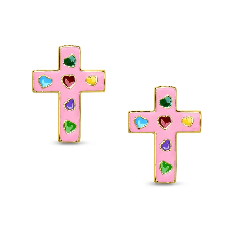 Vintage - Inspired Filigree - Worked Stud Earrings in Gold - Tone for an Antique AestheticCross Stud Earrings - Pink