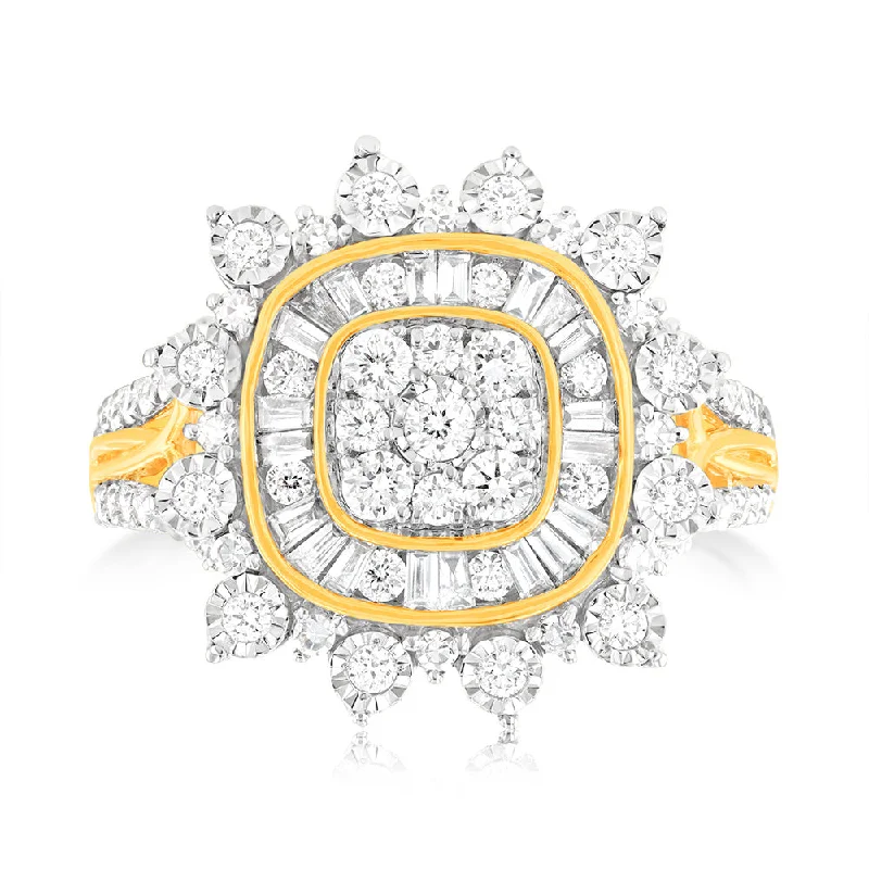 Women's Diamond Rings with Side - Stone Pave Setting for a Sparkling and Continuous ShineLuminesce Lab Grown 1 Carat Diamond Cushion Cluster Ring in 9ct Yellow Gold