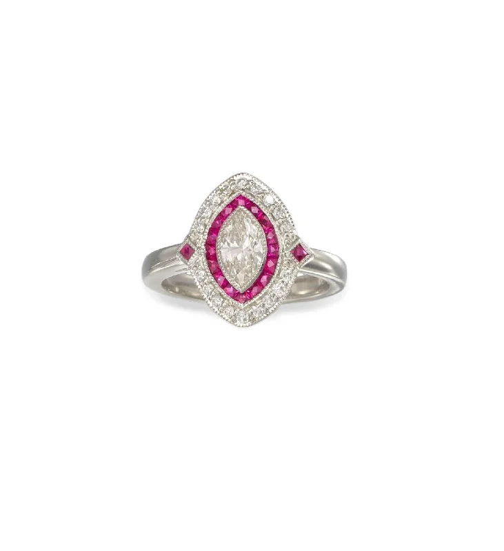 Channel - Set Women's Diamond Rings with Diamonds Securely Held in a Metal Groove for DurabilityPlatinum Diamond and Ruby Ring