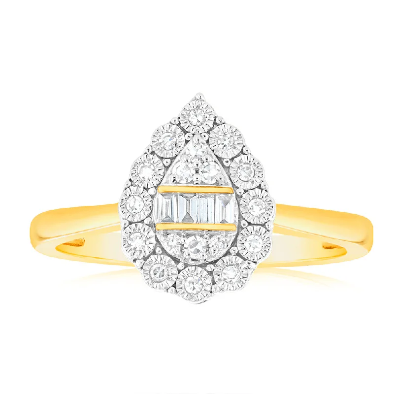 Women's Diamond Rings with Side - Stone Pave Setting for a Sparkling and Continuous ShineLuminesce Lab Grown Pear Shape 0.12Ct Diamond Ring in 9ct Yellow Gold