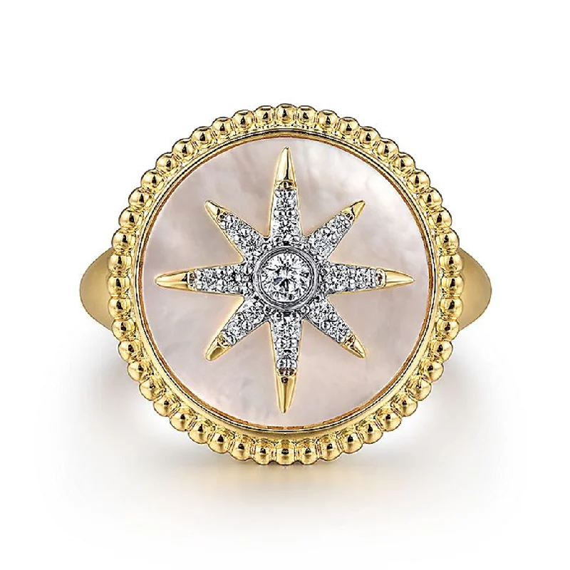 Bangle - Style Fashion Rings in Rose - Gold - Plated Aluminum with Etched Patterns14K Yellow Gold Mother Of Pearl Inlay And Diamond Starburst Signet Ring