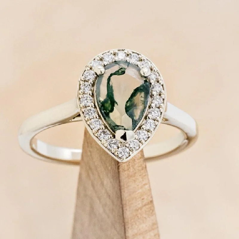 Men's Tourmaline Engagement Rings in 18K Two - Tone Gold with a Floral - Inspired Setting"ARABELLA" - PEAR CUT MOSS AGATE ENGAGEMENT RING WITH DIAMOND HALO