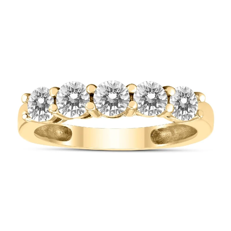 Marquise - Cut Women's Diamond Rings in Palladium for a Unique and Elongated ShapeMarquee 1 Carat TW Five Stone Diamond Wedding Band in 14K Yellow Gold