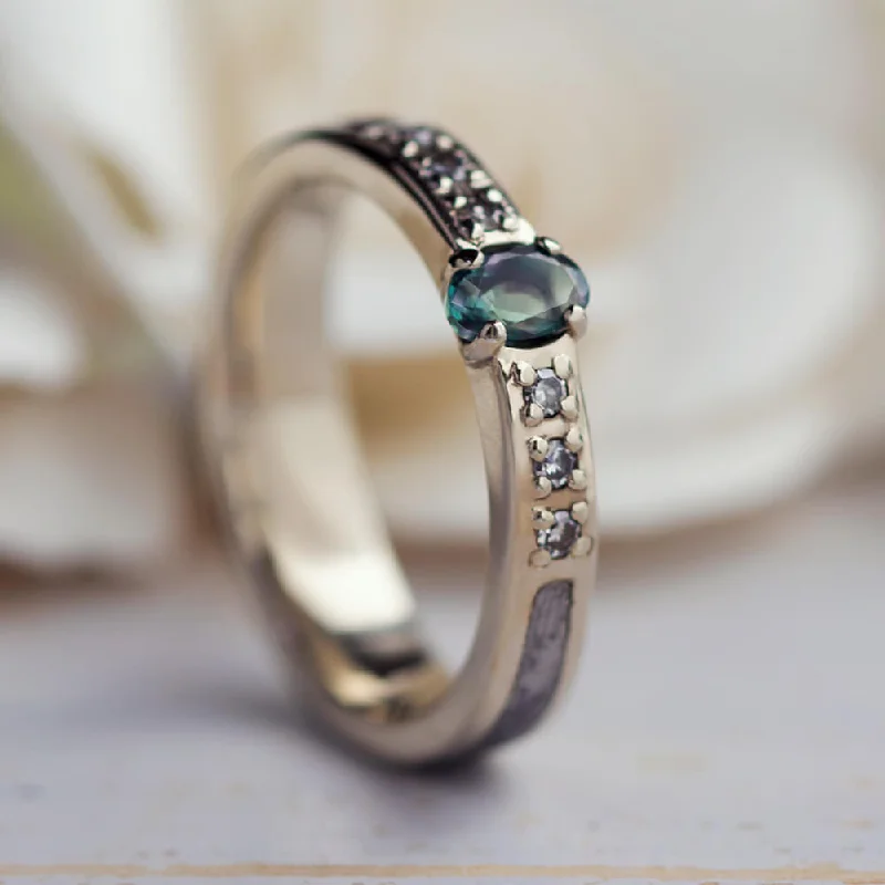 Men's Aquamarine Engagement Rings in 9K Gold with a Bezel - Set StoneAlexandrite Wedding Ring With Diamond Accents and Meteorite