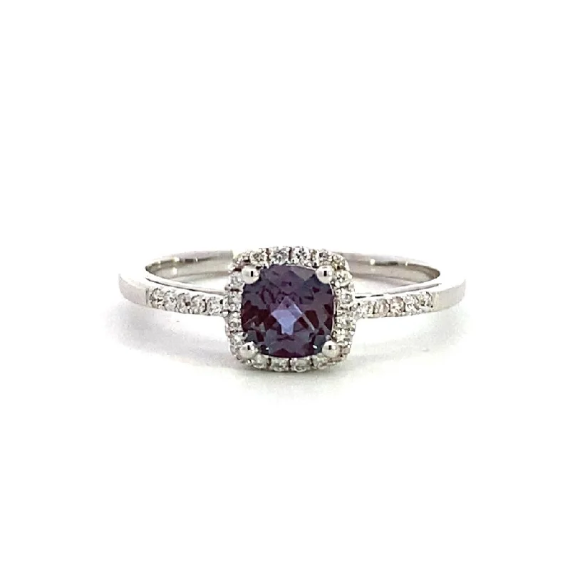 Open - Band Fashion Rings in Sterling Silver with Gemstone Inlays14K White Gold Lab Grown Alexandrite And Diamond Halo Ring