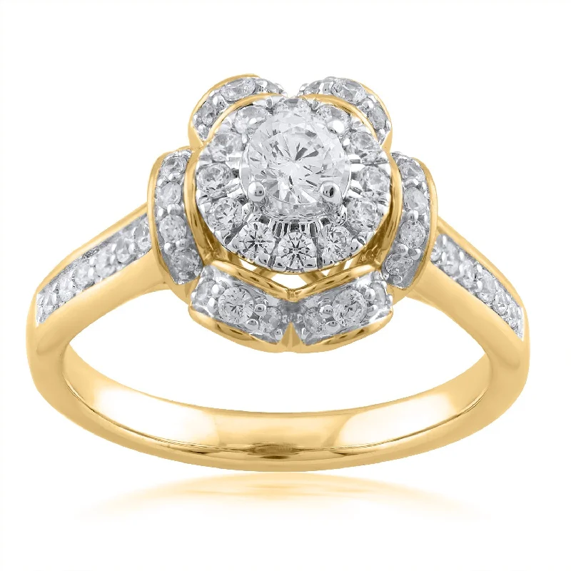 Cathedral - Style Women's Diamond Rings with a Raised Center Setting and Elaborate Metalwork14K YG Cluster Diamond Ring-1pc