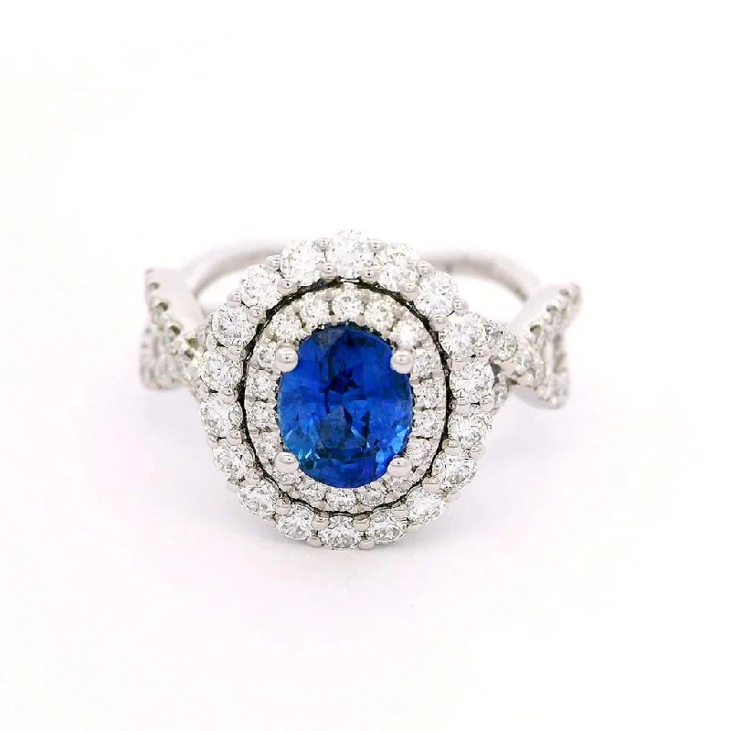 Rhinestone - Embellished Fashion Rings in Silver - Tone Metal for a Glamorous Touch18K White Gold Oval Sapphire Double Halo Ring