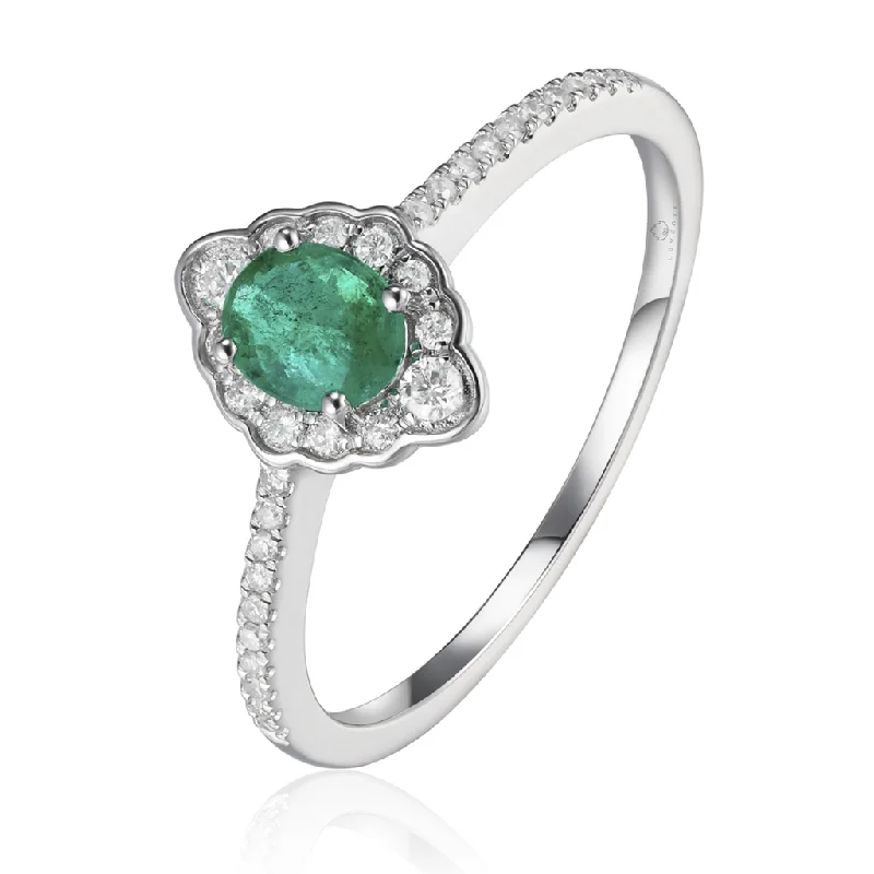 Geometric - Shaped Fashion Rings in Titanium with Iridescent Inlays14K White Gold Emerald And Diamond Halo Ring