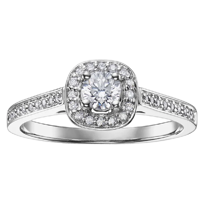 Three - Stone Women's Diamond Rings Symbolizing Past, Present, and Future with Emerald - Cut DiamondsCanadian Diamond Ring with Cushion Halo and Accented Band