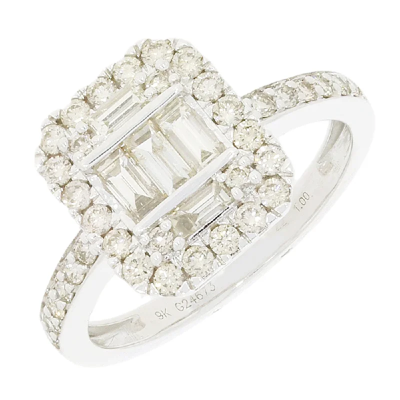 Art Deco - Inspired Women's Diamond Rings with Geometric Designs and Baguette - Cut Diamonds9ct White Gold 1.0cts Diamond Cluster Ring