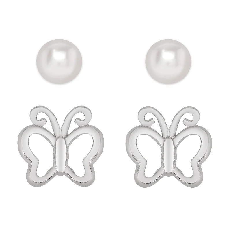 Rhinestone - Embellished Crown - Shaped Stud Earrings for a Princess - Inspired LookButterfly and Freshwater Pearl Stud Set in Sterling Silver