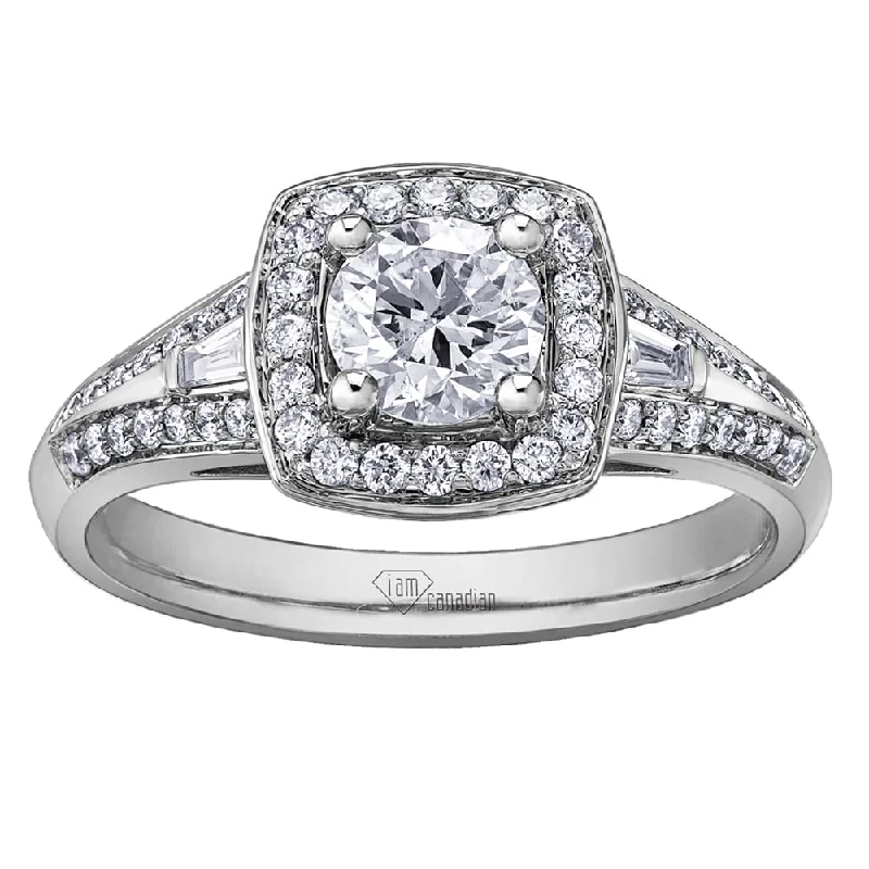 Women's Diamond Rings with Side - Stone Pave Setting for a Sparkling and Continuous ShineCanadian Diamond Engagement Ring with Cushion Halo