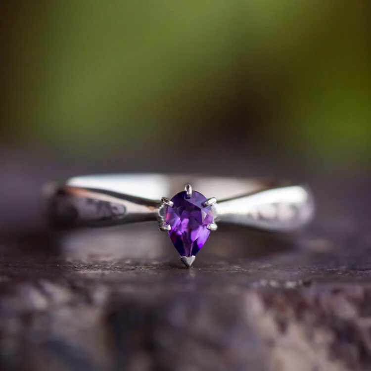 Men's Garnet Engagement Rings in 18K Gold Vermeil with Intricate Engraved DetailsPear Cut Amethyst Engagement Ring With Meteorite