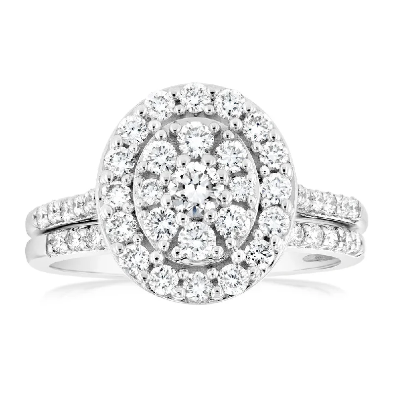 Vintage - Style Women's Diamond Rings with Floral - Engraved Bands and Multiple Diamond AccentsLuminesce Lab Grown 1 Carat Diamond Oval Bridal Set in 9ct White Gold