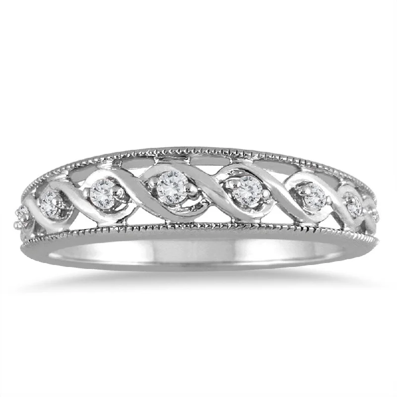 Vintage - Style Women's Diamond Rings with Floral - Engraved Bands and Multiple Diamond Accents1/8 Carat TW Diamond Braided Band in 14K White Gold