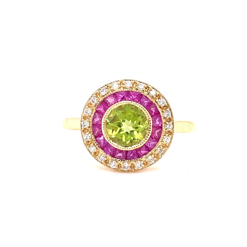 Tennis - Style Women's Diamond Rings with a Continuous Row of Diamonds for a Classic and Versatile Look18ct Yellow Gold Diamond, Peridot and Ruby Target Cluster Ring