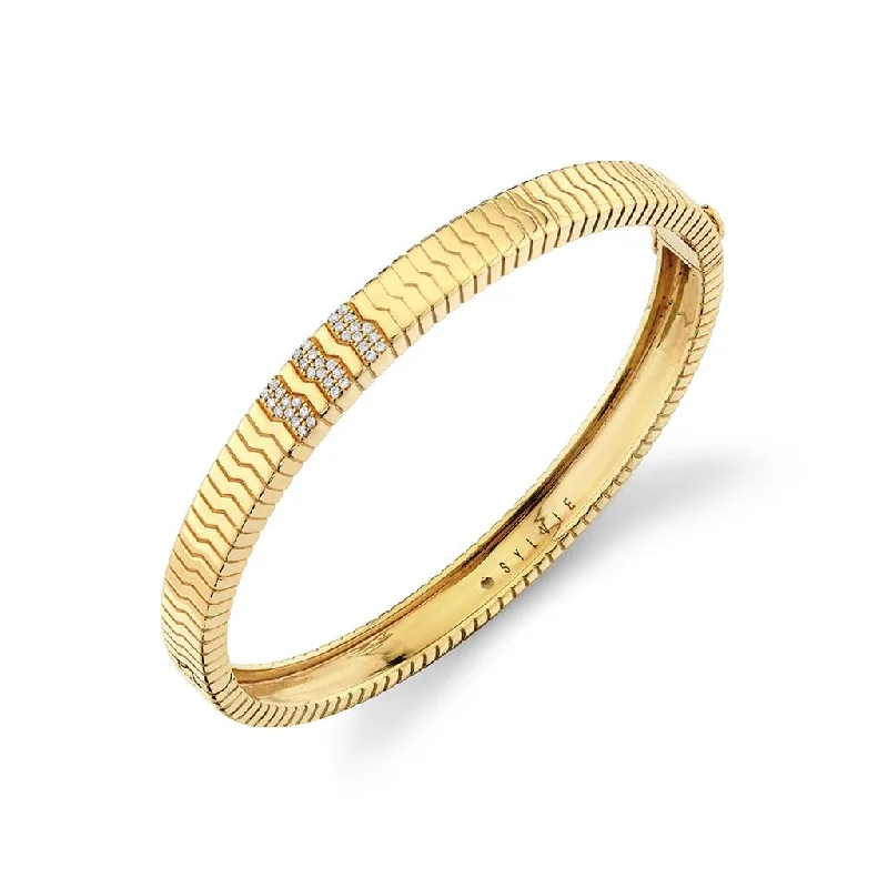 Fashion Rings with Initial Charms in Silver - Plated Metal for a Custom Accessory14K Yellow Gold Bangle With Three Pavé Set Lines