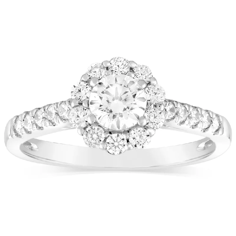 Cathedral - Style Women's Diamond Rings with a Raised Center Setting and Elaborate MetalworkLuminesce Lab Grown 14ct White Gold 1 Carat Diamond Solitaire Fancy Ring with 1/2Carat Central Bril Cut