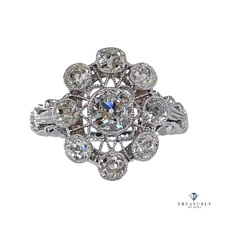 Cluster - Style Women's Diamond Rings with Multiple Small Diamonds Arranged in a Stunning PatternArt Deco 1.65ctw Antique Old European Diamond Cocktail Cluster Platinum Ring, EGL USA