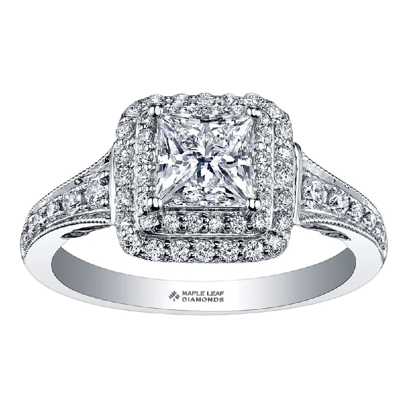 Three - Stone Women's Diamond Rings Symbolizing Past, Present, and Future with Emerald - Cut DiamondsPrincess Cut Canadian Diamond Ring with Double Halo