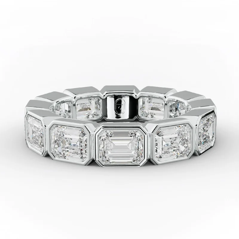 Cathedral - Style Women's Diamond Rings with a Raised Center Setting and Elaborate Metalwork4.0 Carat East West Emerald Cut Bezel Set Diamond Eternity Band