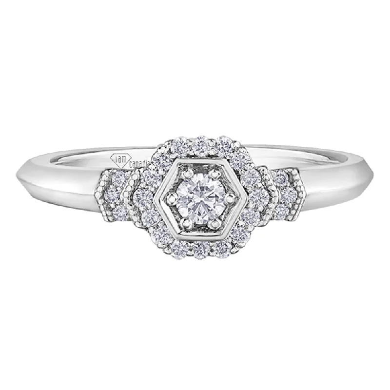 Women's Solitaire Diamond Rings with Round - Cut Diamonds and Platinum Settings for an Elegant EngagementCanadian Hexagonal Diamond Ring with Diamond Halo and Accents