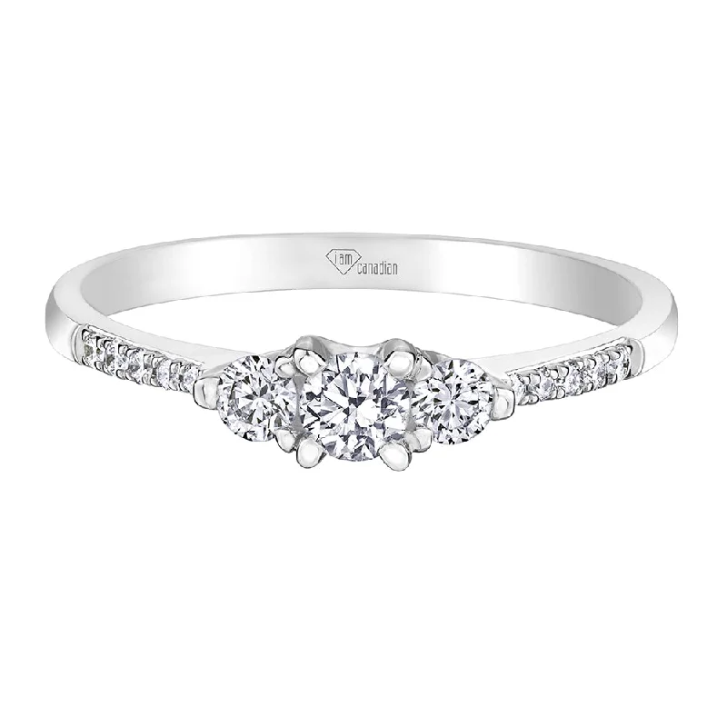 Vintage - Style Women's Diamond Rings with Floral - Engraved Bands and Multiple Diamond AccentsCanadian Three Stone Diamond Ring With Accents