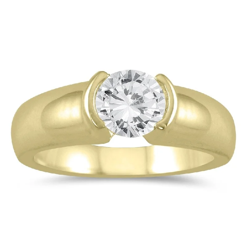 Vintage - Style Women's Diamond Rings with Floral - Engraved Bands and Multiple Diamond AccentsAGS Certified 3/4 Carat Half Bezel Diamond Solitaire Ring in 14K Yellow Gold (I-J Color, I2-I3 Clarity)