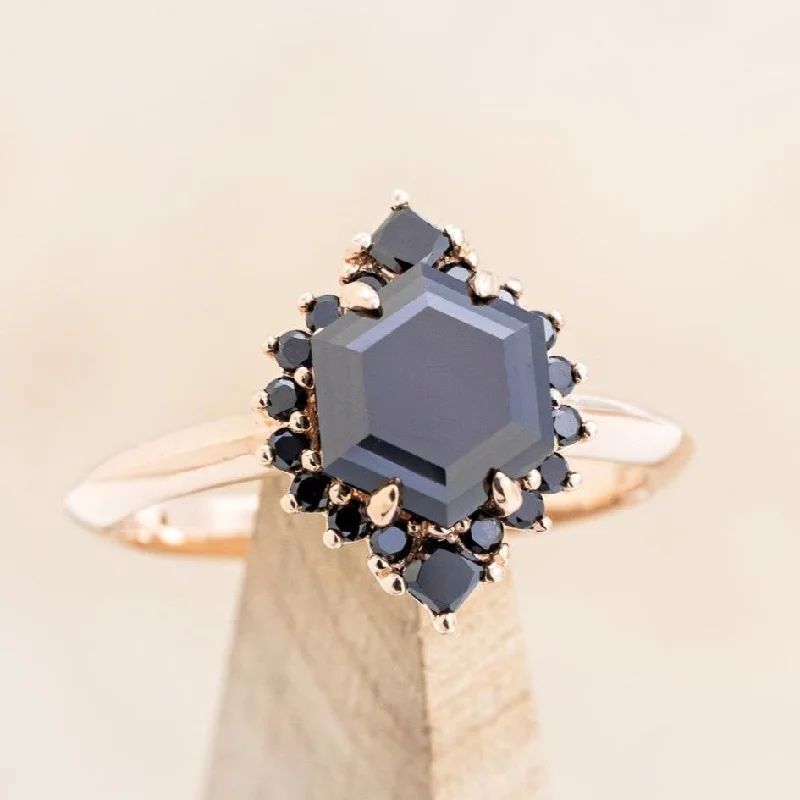 Men's Black Onyx Engagement Rings Set in Titanium for a Modern and Bold Look"NEREZZA" - HEXAGON CUT BLACK MOISSANITE ENGAGEMENT RING WITH A BLACK DIAMOND HALO