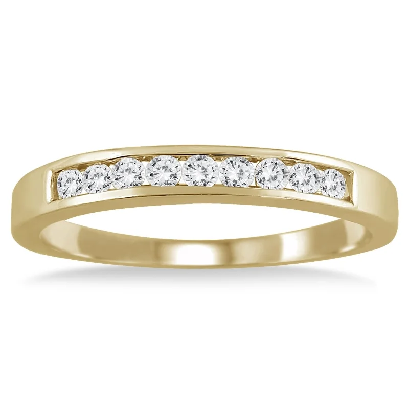 Cathedral - Style Women's Diamond Rings with a Raised Center Setting and Elaborate MetalworkMarquee 1/4 Carat TW Channel Set Diamond Band in 10K Yellow Gold (K-L Color, I2-I3 Clarity)