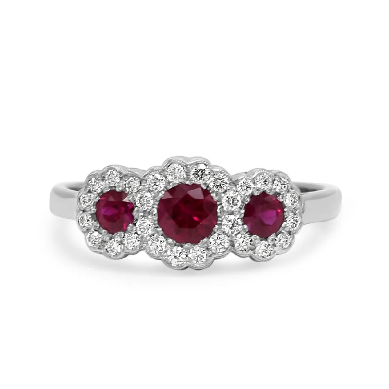 Three - Stone Women's Diamond Rings Symbolizing Past, Present, and Future with Emerald - Cut DiamondsHandmade Platinum Diamond & Ruby Triple Cluster Ring