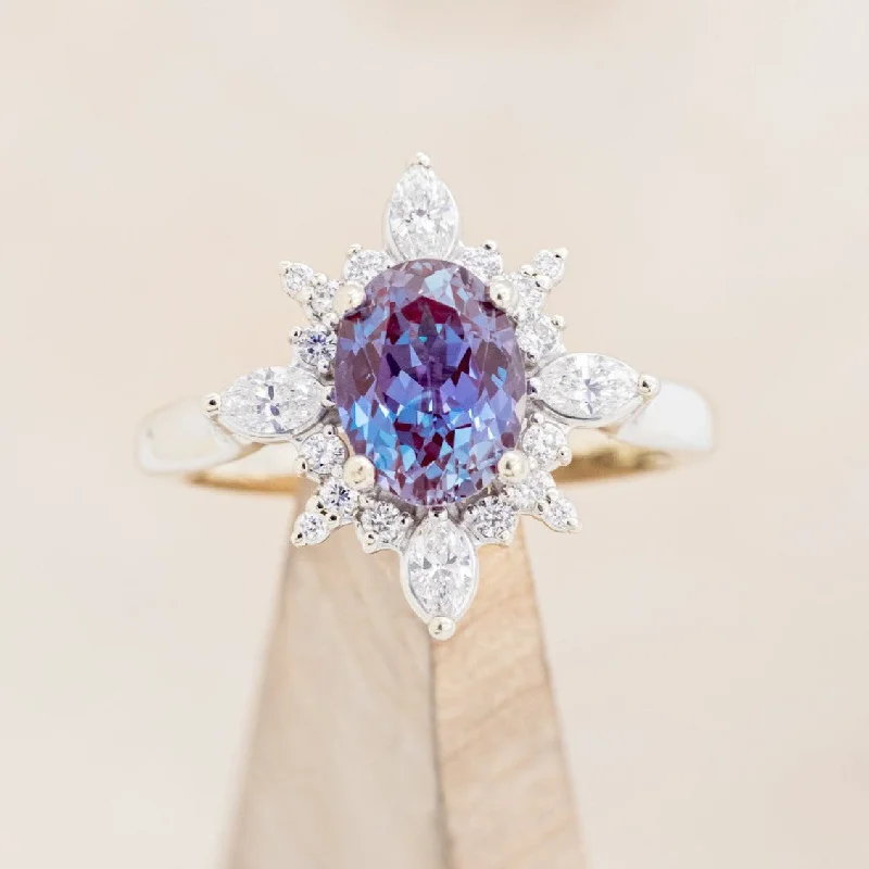 Men's Tanzanite Engagement Rings in Palladium with a Three - Stone Arrangement"AZALEA" - OVAL LAB-GROWN ALEXANDRITE ENGAGEMENT RING WITH DIAMOND HALO