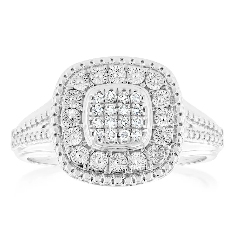 Three - Stone Women's Diamond Rings Symbolizing Past, Present, and Future with Emerald - Cut DiamondsLuminesce Lab Grown Sterling Silver Cluster Shaped Diamond Ring