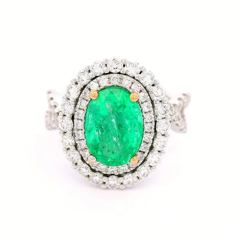 Open - Band Fashion Rings in Sterling Silver with Gemstone Inlays18K White And Rose Gold Oval Emerald Double Halo Ring