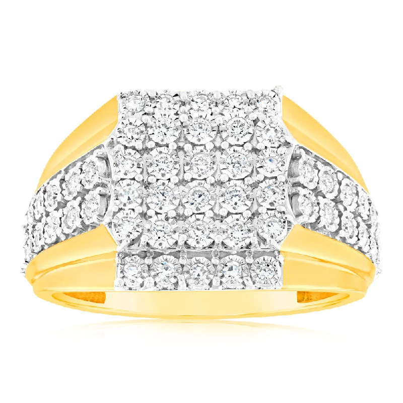 Vintage - Style Women's Diamond Rings with Floral - Engraved Bands and Multiple Diamond Accents9ct Yellow Gold Luminesce Lab Grown Cluster Diamond Ring