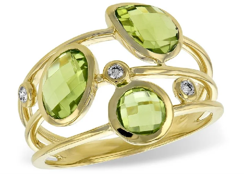 Open - Band Fashion Rings in Sterling Silver with Gemstone Inlays14K Yellow Gold Multi-Row Peridot And Diamond Fashion Ring