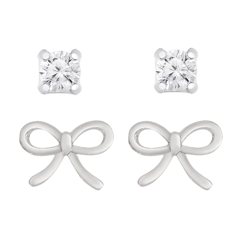 Matte - Finish Titanium Hexagon Stud Earrings for a Sleek and Contemporary StyleBow and CZ Stud Set in Sterling Silver