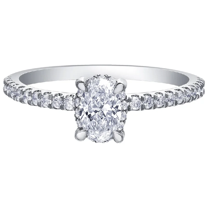 Art Deco - Inspired Women's Diamond Rings with Geometric Designs and Baguette - Cut DiamondsCanadian Oval Diamond Ring with Accented Band and Hidden Halo