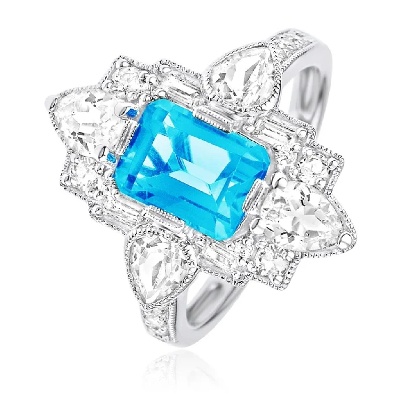 Statement - Making Fashion Rings in Gold - Plated Brass with Oversized Cubic Zirconia Stones14K White Gold Blue Topaz And Diamond Floral Art Deco Ring