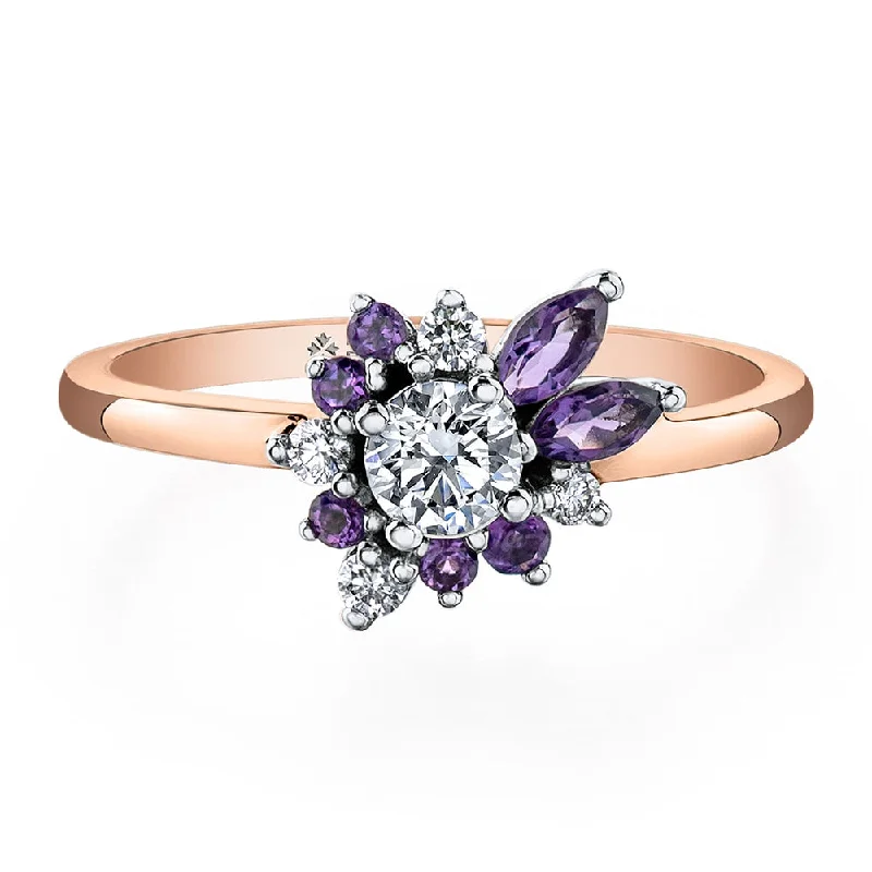 Vintage - Style Women's Diamond Rings with Floral - Engraved Bands and Multiple Diamond AccentsCanadian Diamond and Amethyst Engagement Ring