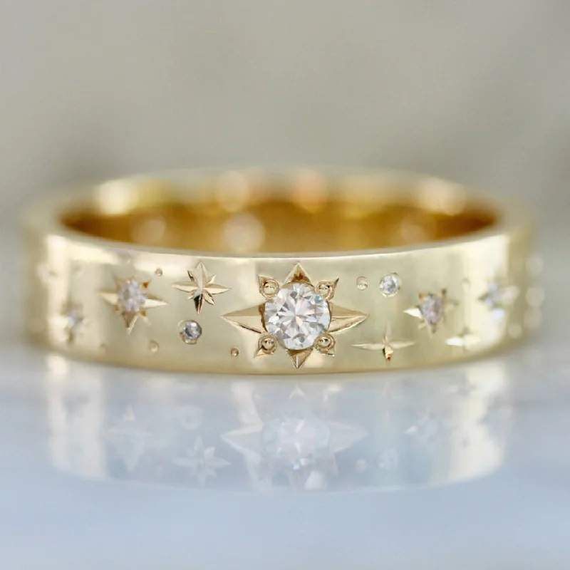 Vintage - Style Women's Diamond Rings with Floral - Engraved Bands and Multiple Diamond AccentsSuper Moon Star Engraved Diamond Gold Band