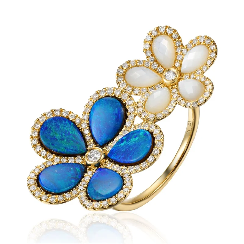 Beaded Fashion Rings in Natural Stones and Cotton Cord for a Handmade Aesthetic14K Yellow Gold Opal And Mother Of Pearl Flower Cocktail Ring